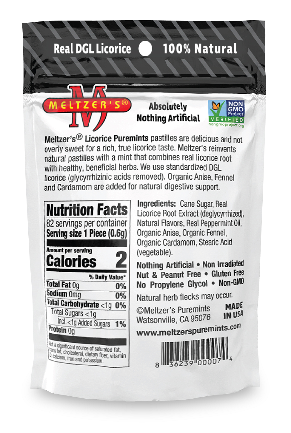 Meltzer's Natural Licorice Puremints - 82 mint/50 grams size POUCH